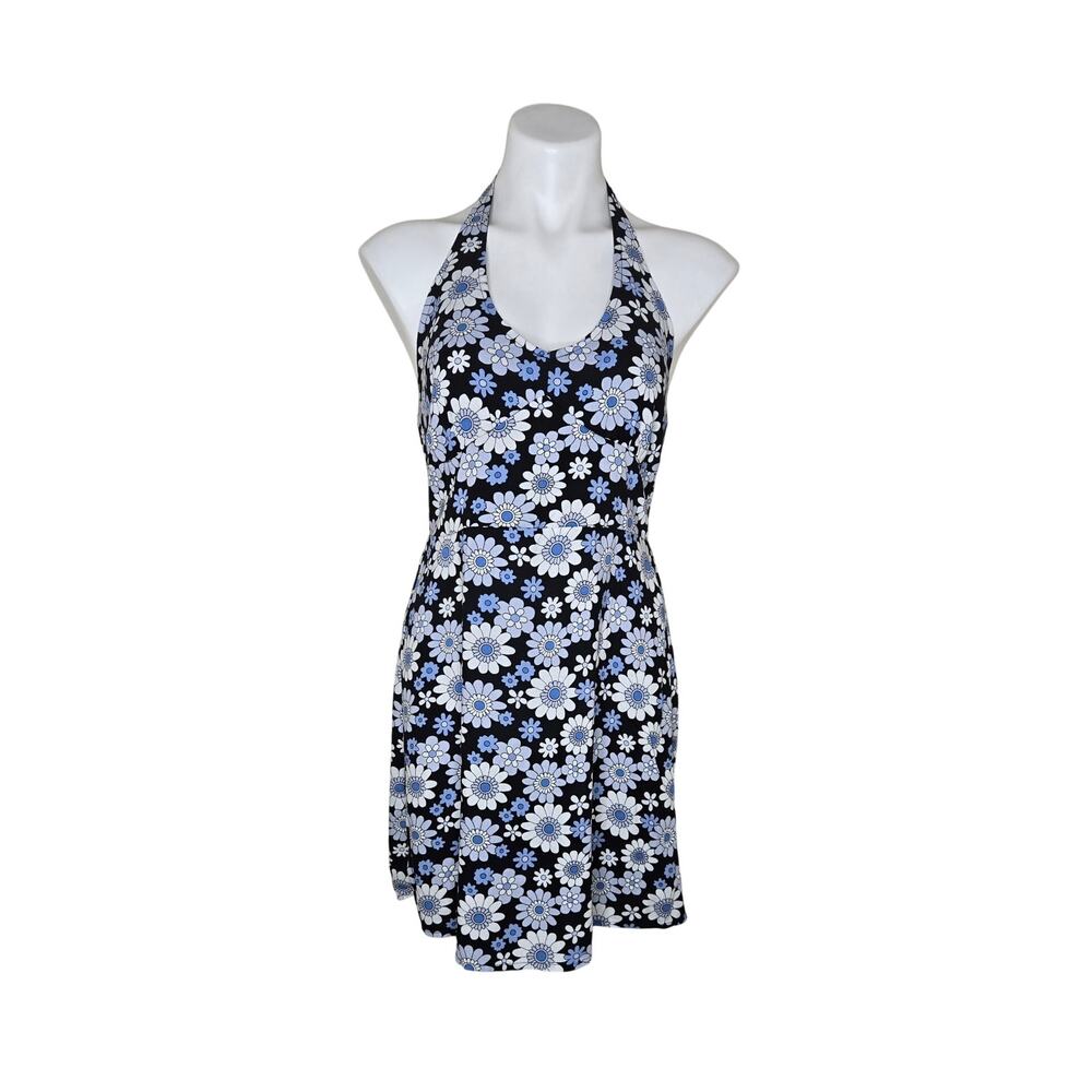 NEW HOLLISTER Floral Halter Mini Dress Black/Blue/White Size Large